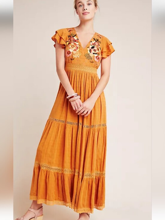 Maeve Dresses & Skirts - Maeve Rust Maxi Dress with Multicolor Floral Embroidery